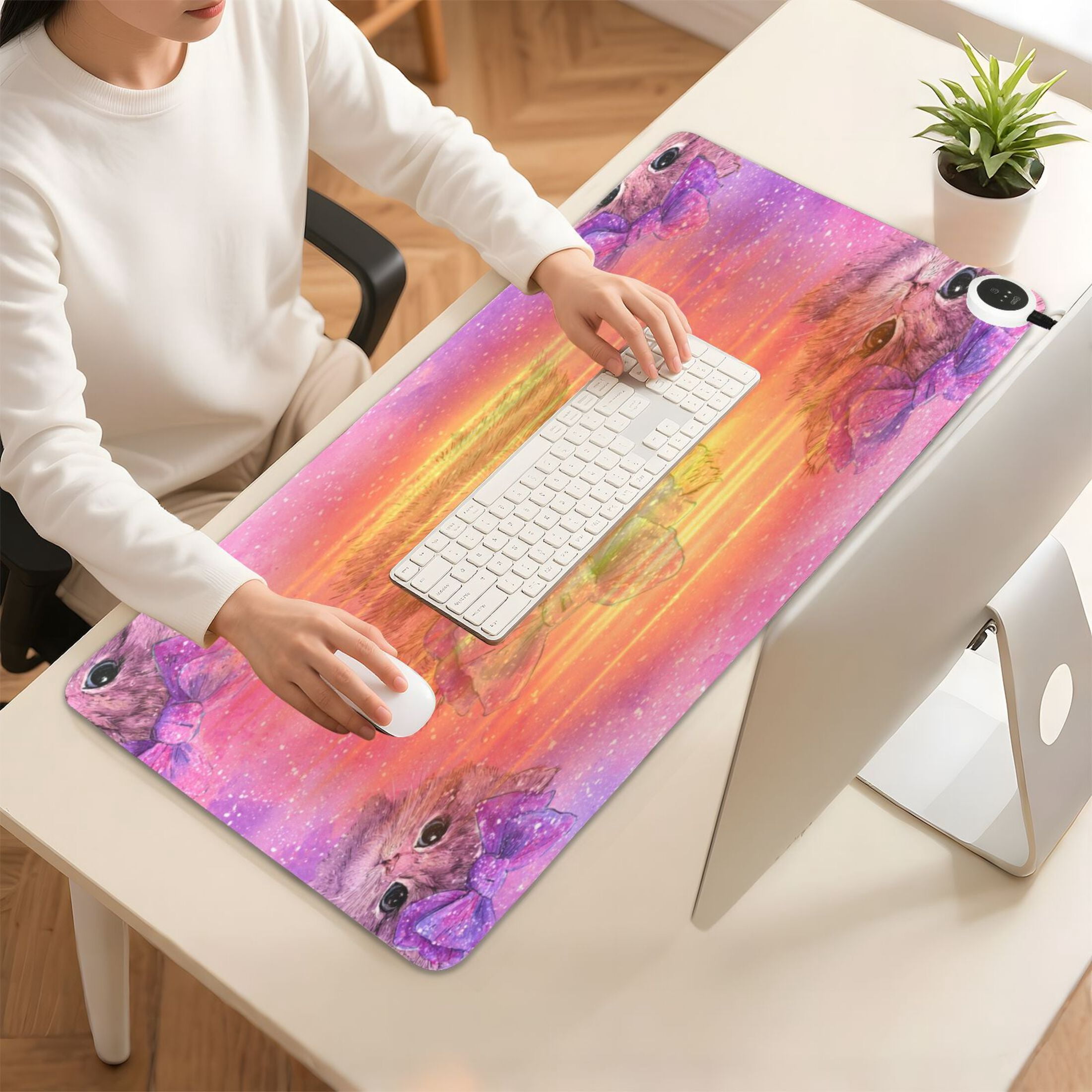 Large Heated Desk Mat Mouse Pad 31.5"x13"PU Leather Graphene Heating Desk Warmer with 3 Temperature Settings 110V US Plug Non-Slip Warm Pad for Home, Office, and Gaming Adorable Orange Cat Pattern