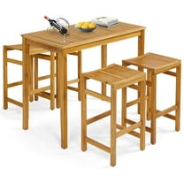 Gymax 5 Pieces Patio Acacia Wood Bar Set Outdoor Bar Height Table & Saddle Stool Chairs Set
