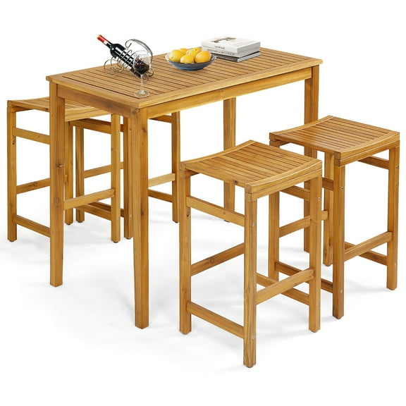 Gymax 5 Pieces Patio Acacia Wood Bar Set Outdoor Bar Height Table & Saddle Stool Chairs Set