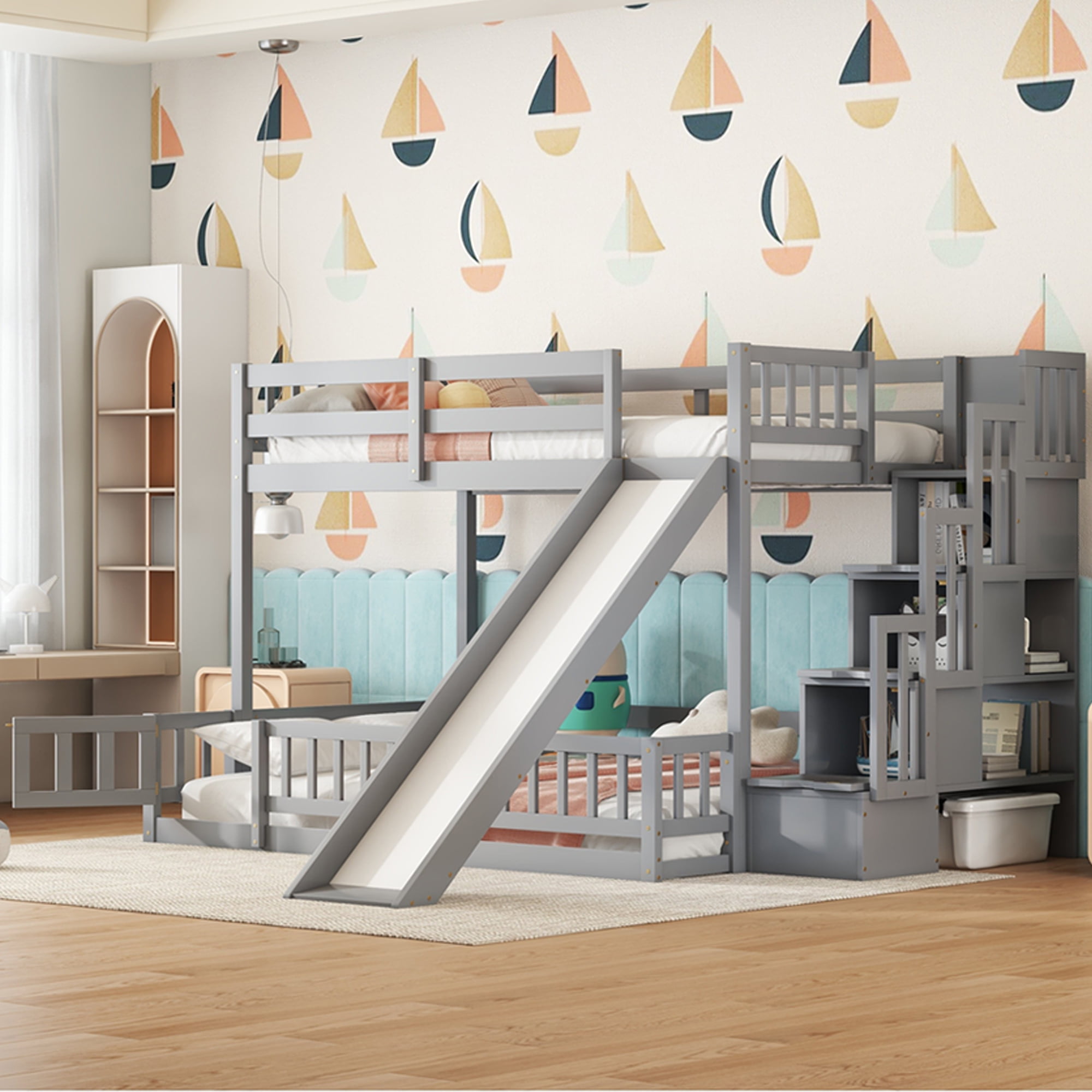 Sailvan Twin Over Full Bunk Bed with Slide, Storage Staircase, Pine Solid Wooden Bunk Bed with Safety Guardrails