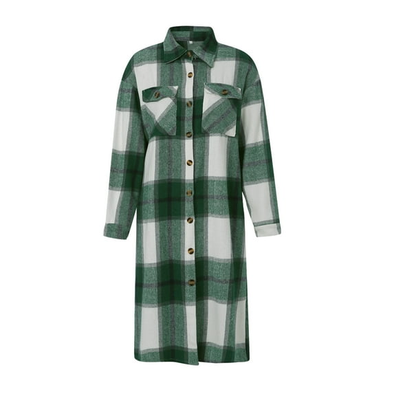 Seyurigaoka Women Juniors Shacket Casual Plaid Coat, Long Sleeve Lapel Outerwear with Pockets