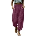thumbnail image 2 of Cagogo Womens Cotton Linen Harem Pants Summer Loose Elastic Waist Flowy Casual Vacation Long Trousers Solid Palazzo Beach Lounge Yoga Drawstring, Hot Pink S, 2 of 6