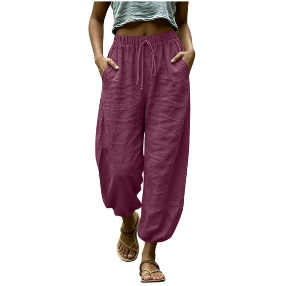 RQYYD Women's Drawstring Linen Lantern Pants Casual Loose Lightweight Breathable Comfortable Boho Trousers