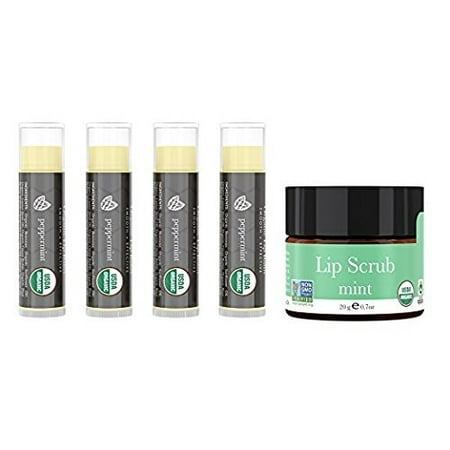 Lip Balm and Scrub Bundle - 4 Pack of Peppermint Lip Moisturizer with Mint Exfoliating Sugar Scrub, Best Gift for Stocking Stuffer, Birthday or Present for Women and Girls, USDA