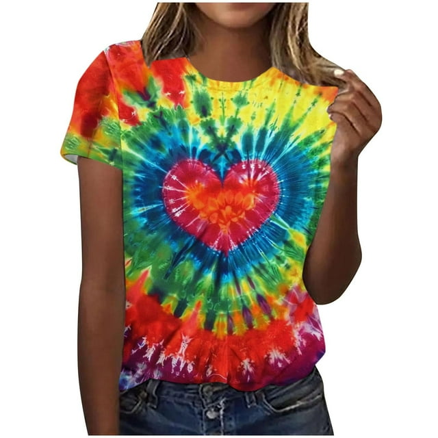 Liquidation d'Économies d'Été Staron Hauts d'Été pour Femmes Manches Courtes Col Rond T-Shirts Chic Décontracté Blouses Teinture sur Nœuds Mode T-Shirts Basiques