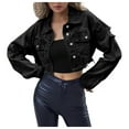 thumbnail image 3 of YDFCWXW Womens Denim Jacket Womens Denim Jacket Women Cropped Distressed Button Down Jackets Trendy Long Sleeve Frayed Coat Black, S, 3 of 9