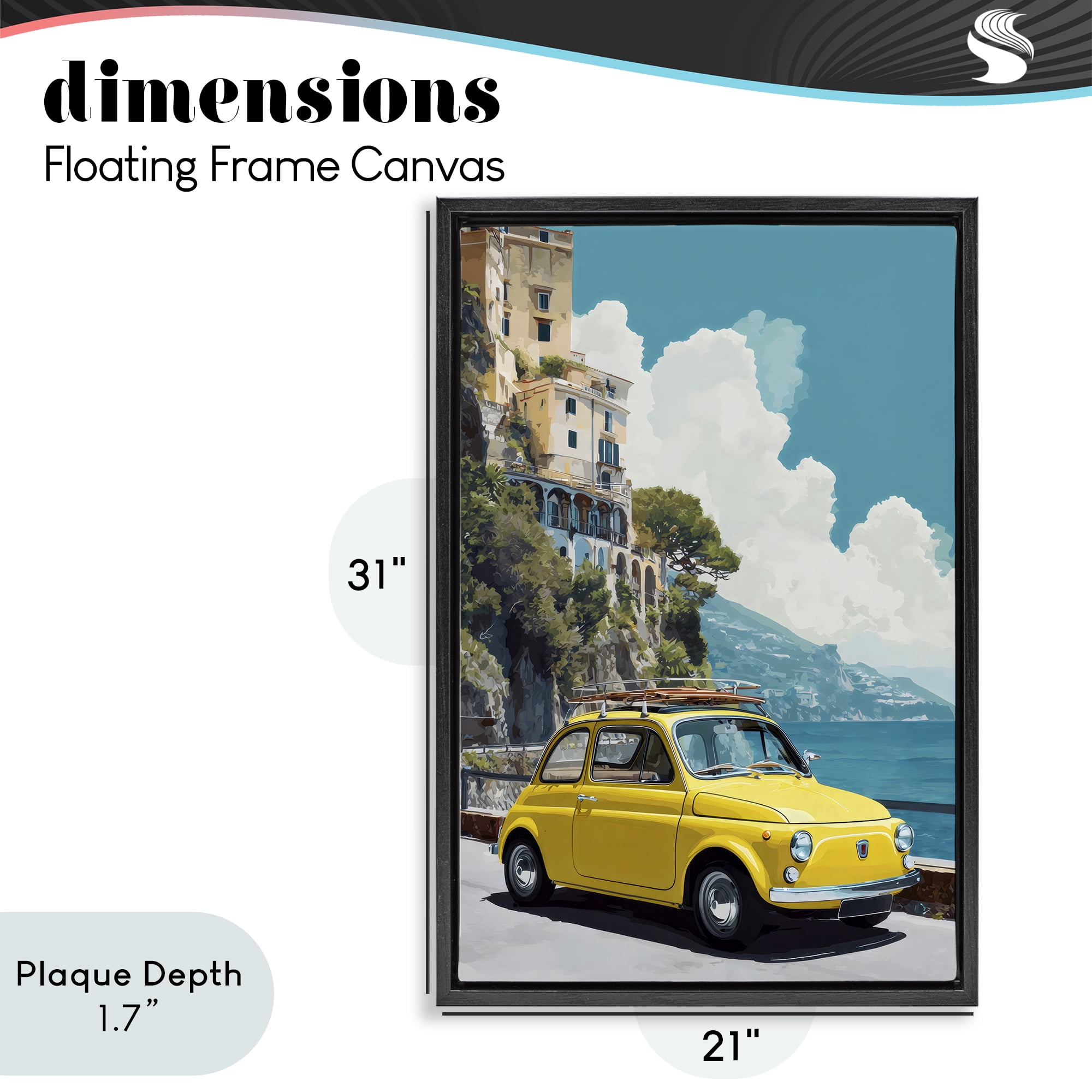 Stupell Industries Yellow Car on Coast Black Framed Floater Canvas Wall Art, design by Petal Prints Design