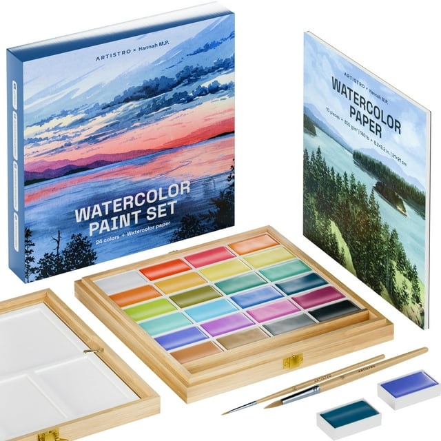 ARTISTRO x HANNAH M.P Professional Watercolor Paint Set Limited Edition with 24 colors in Bamboo Wooden Box (6ml XL Pans) - 2 Brushes, Watercolor Paper, Mixing Tray - Watercol
