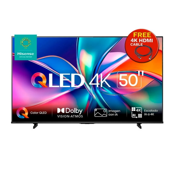 Hisense Pantalla QLED 4K de 50" 50QD6QV Vidaa U Compatible con Alexa ,Dolby Vision Atmos, Escalado IA a 4K, HDMI, LAN, WiFi. Control de voz. Bluetooth. (2025) FREE HDMI CABLE 4K
