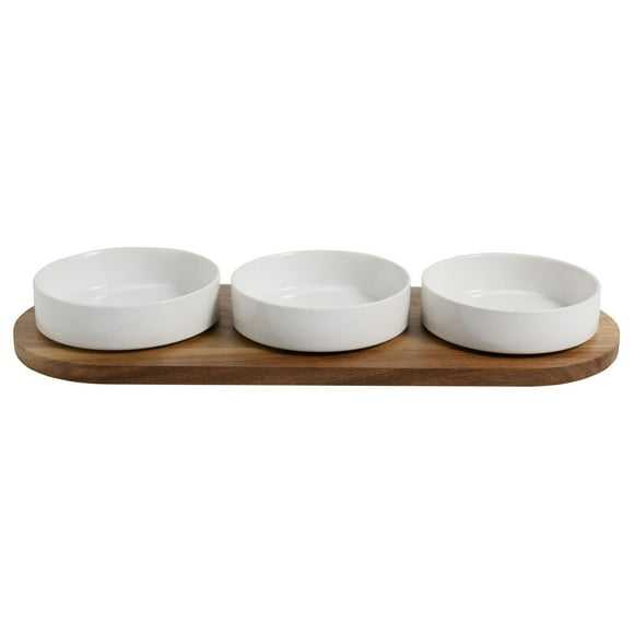 Better Homes & Gardens Acacia Wood Tray and Stoneware Bowl for Condiment, 19.69x7.28x2.17 in,3.96 lb, WOOD CONDIMENT TRAY