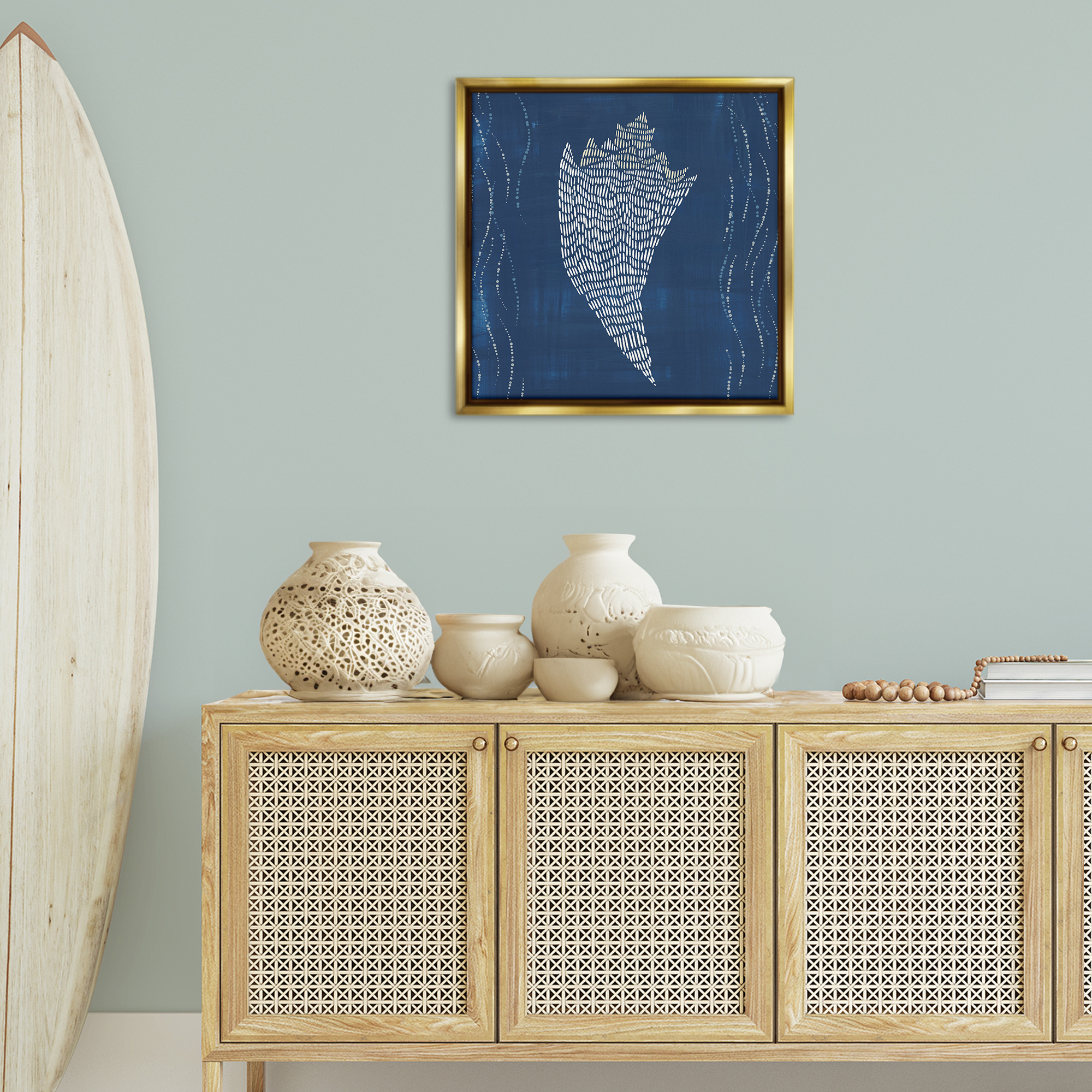 Stupell Industries Conch Shell on Blue Coastal Painting Gold Floater Framed Canvas Art Print Wall Art, 25 x 25