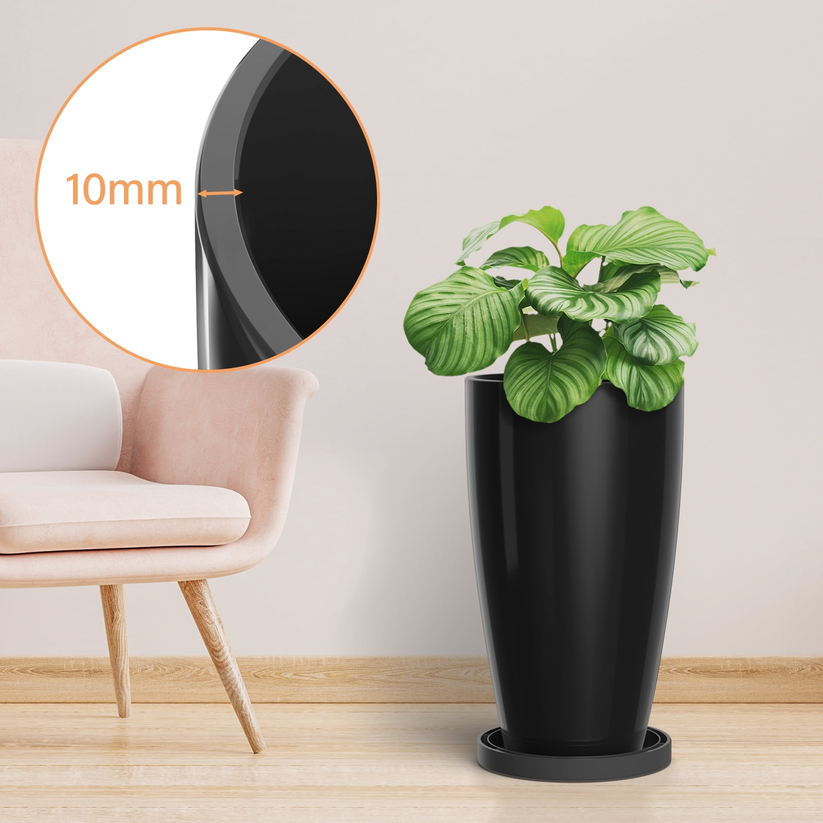 FIASON 2 Pack 21 Inch Glossy Black Tall Planters, Modern Flower Pots with Drainage Holes & Saucers, Indoor Outdoor Planters for Front Porch Patio Garden