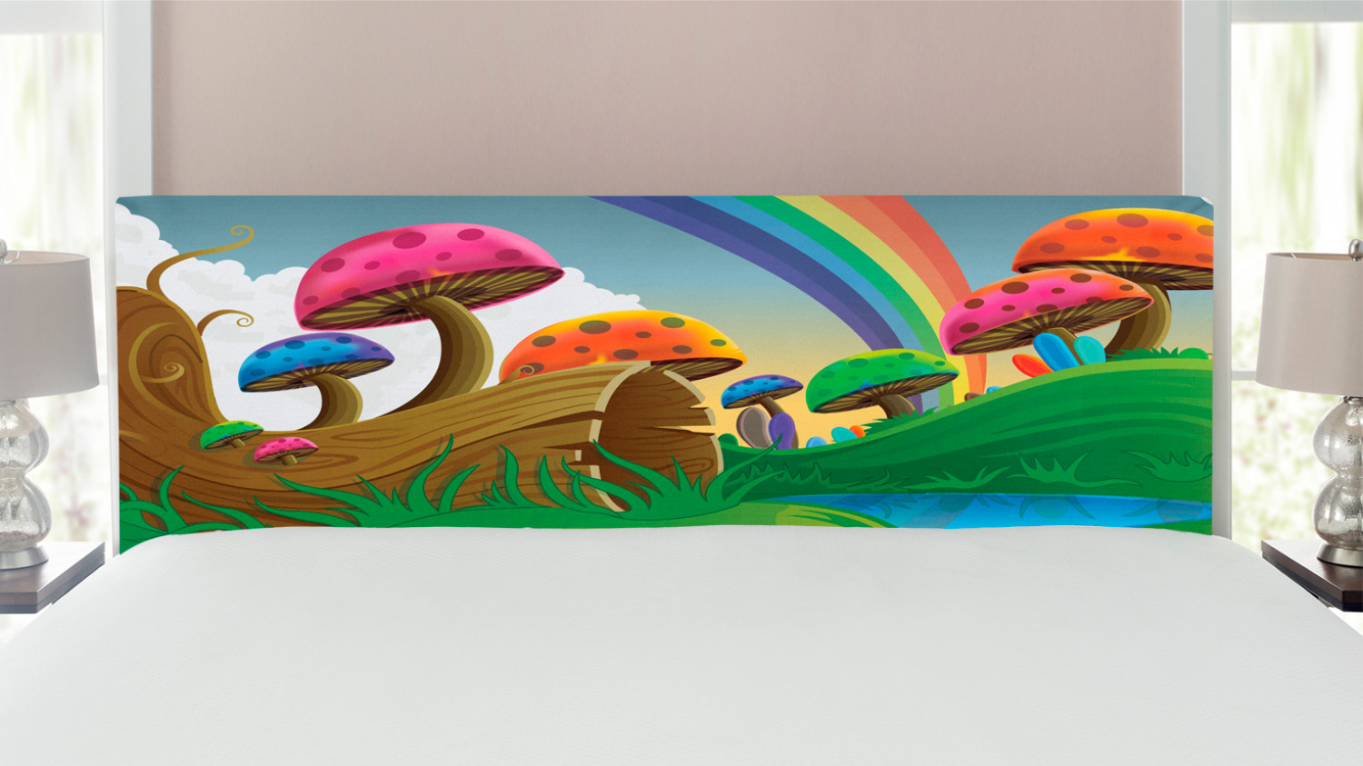 Mushroom Headboard, Countryside Sunny Playful Environment Foliage