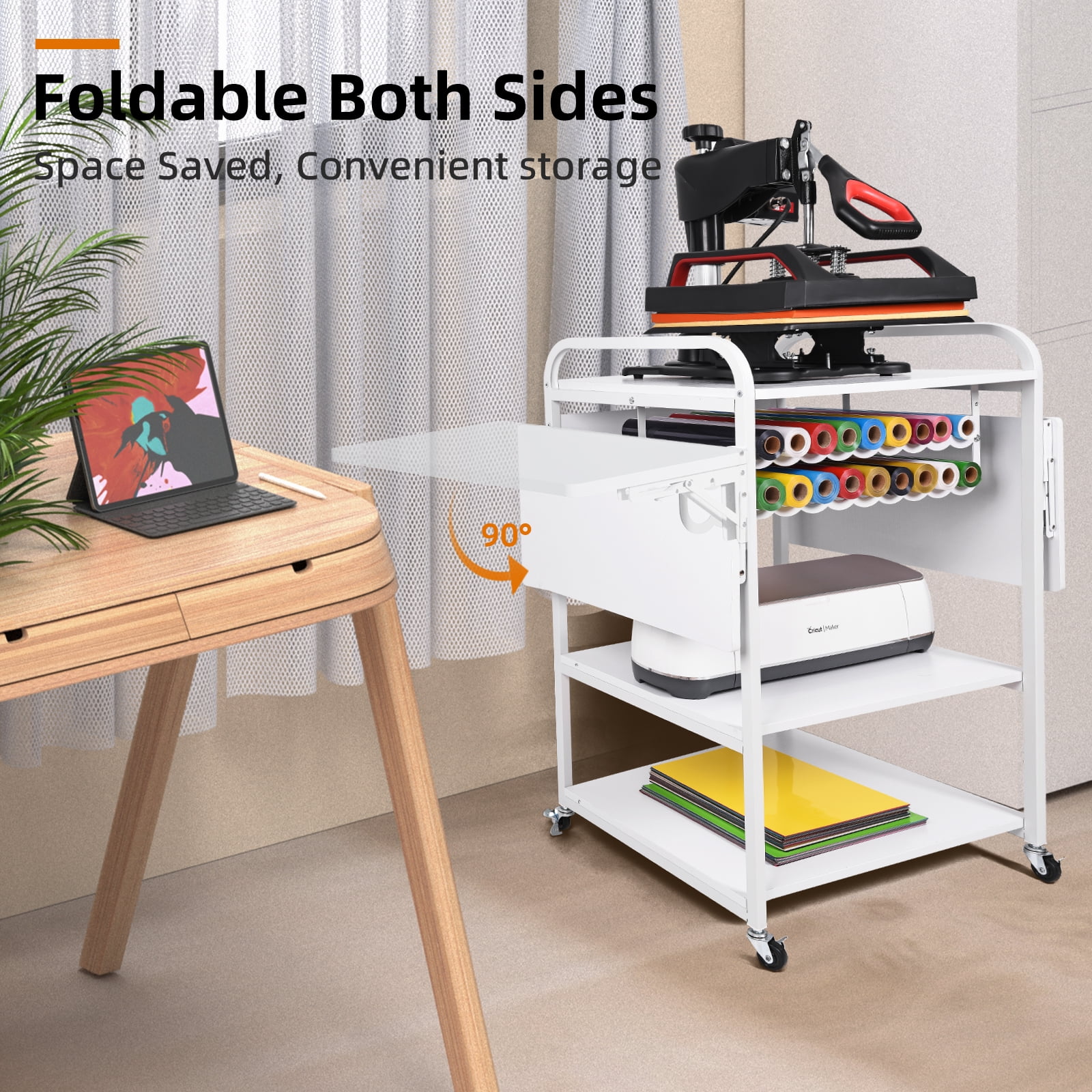 Lya Vinyl Heat Press Table 3 Tier Movable with Folding Shelf - Heat Press Stand for Cricut with Vinyl Roll Holders, for all Cutting Machines.