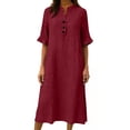 thumbnail image 4 of jtjvou 3/4 Sleeve Cotton Midi Dress for Women Summer Loose Button Up Stand Collar Beach Vacation A-Line Dresses with Pockets Wine XXL, 4 of 6