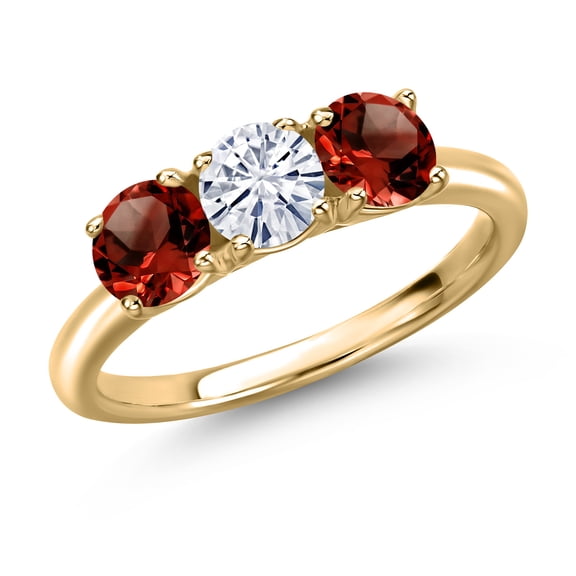 Gem Stone King 10K Yellow Gold White Moissanite and Red Garnet Engagement Ring for Women | 1.60 Cttw | Round 5MM | Gemstone Birthstone | Size 7