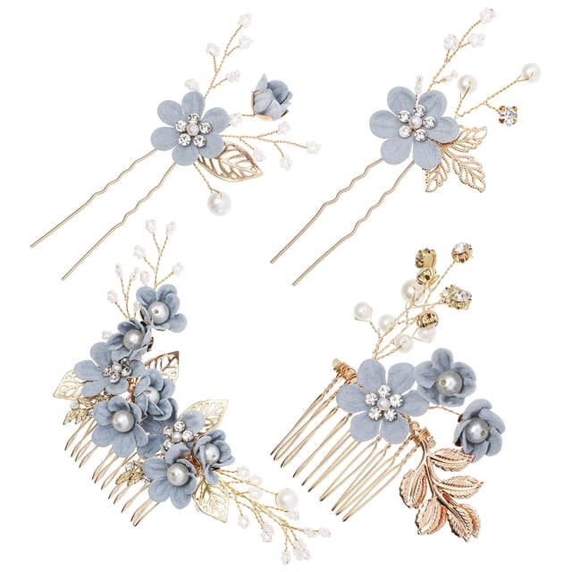 GOOHOCHY NUOBESTY - Juego de 4 accesorios para el cabello de boda con horquillas de perlas, peines de diamantes de imitación y pinzas para el cabello en forma de U (azul)