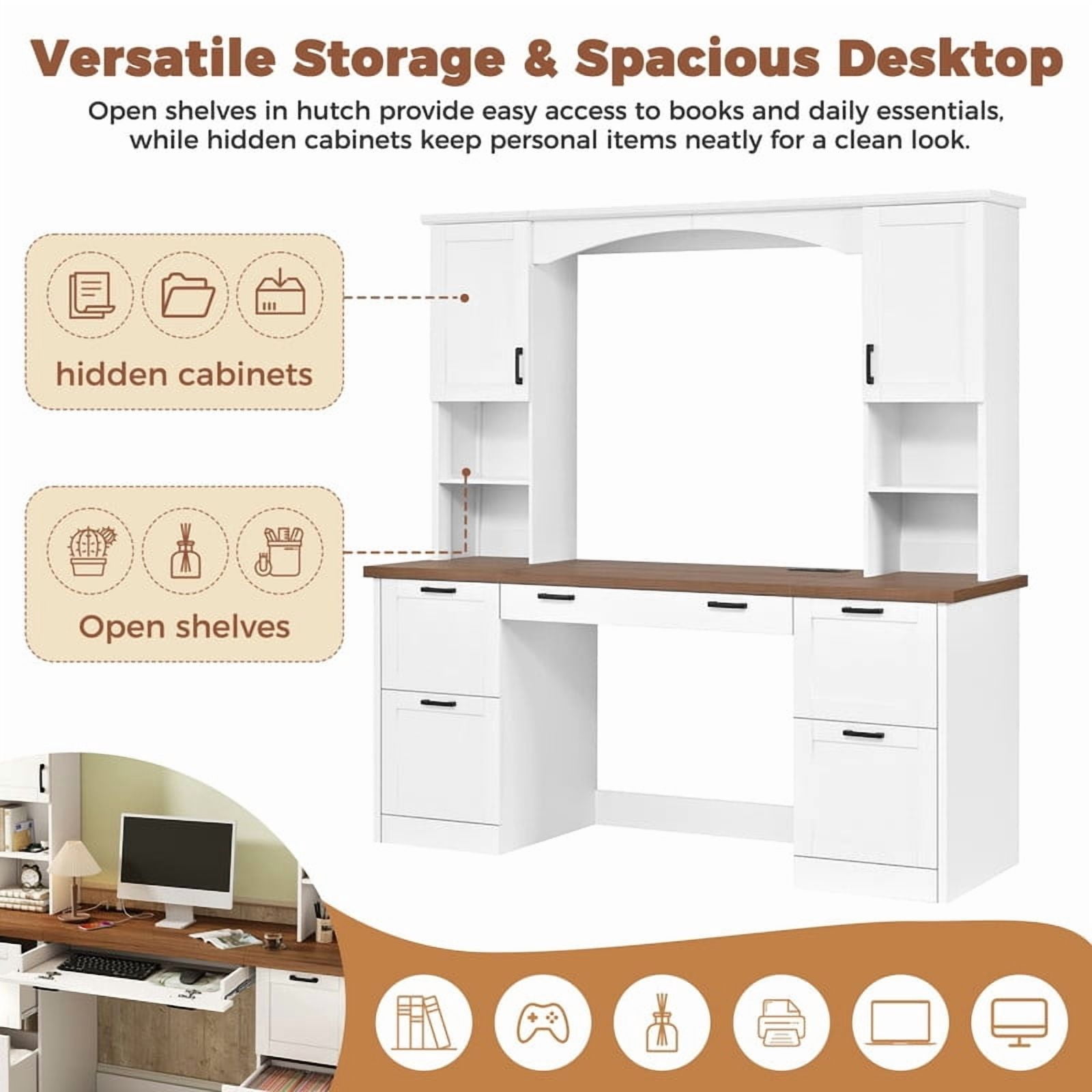 Farmhouse Arched Computer Desk with Hutch, Home Office Desk with Charging Station & Keyboard Tray, All-in-One Writing Desk with File Drawers for Study, Office