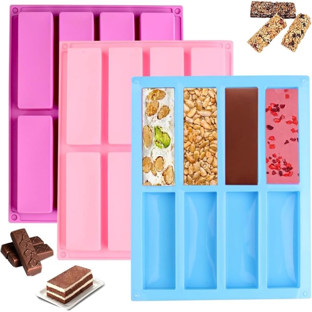 3 Pack Silicone Mold, 8 Cavity Large Rectangle Granola Bar Cereal Energy Bar Chocolate Bar Molds, Oreo Mold Silicone Baking Pan for Chocolate MuffinBrownie Corn Bread Cheese Cake Pudding