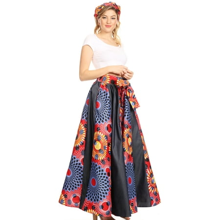 Sakkas Elif Women's Long Maxi African Ankara Print Skirt Elastic Waist & Pockets - 131-Multi - One Size