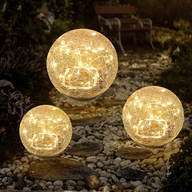 Luces solares de jardín, bola de vidrio agrietada impermeable, blanco cálido LE