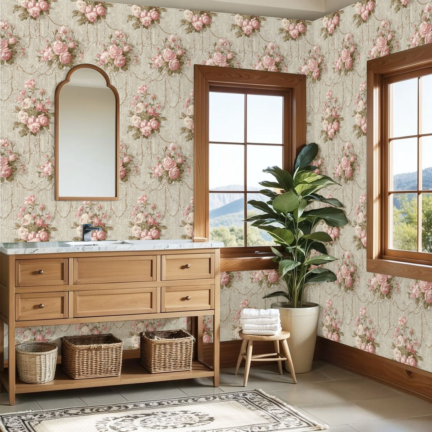 Peel and Stick Wallpaper Vintage Floral Rose Pearls Gold Accents Wall Mural 23.6in x 9.8ft Self Adhesive Removable Wall Paper Renter Friendly Wallpaper for Bedroom
