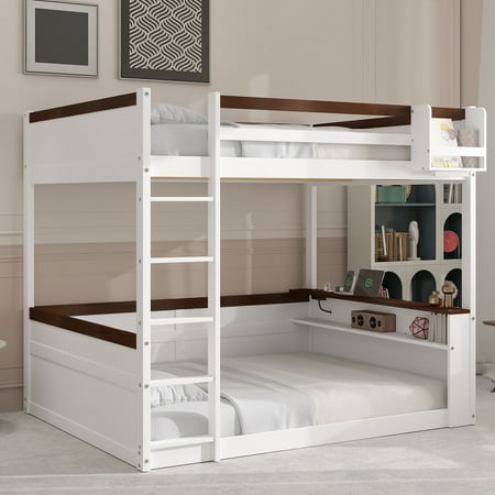 Euroco Wood Queen over Queen Bunk Bed with Shelves and Cabinets, Storage Headboard with LED Light and USB Charging, White