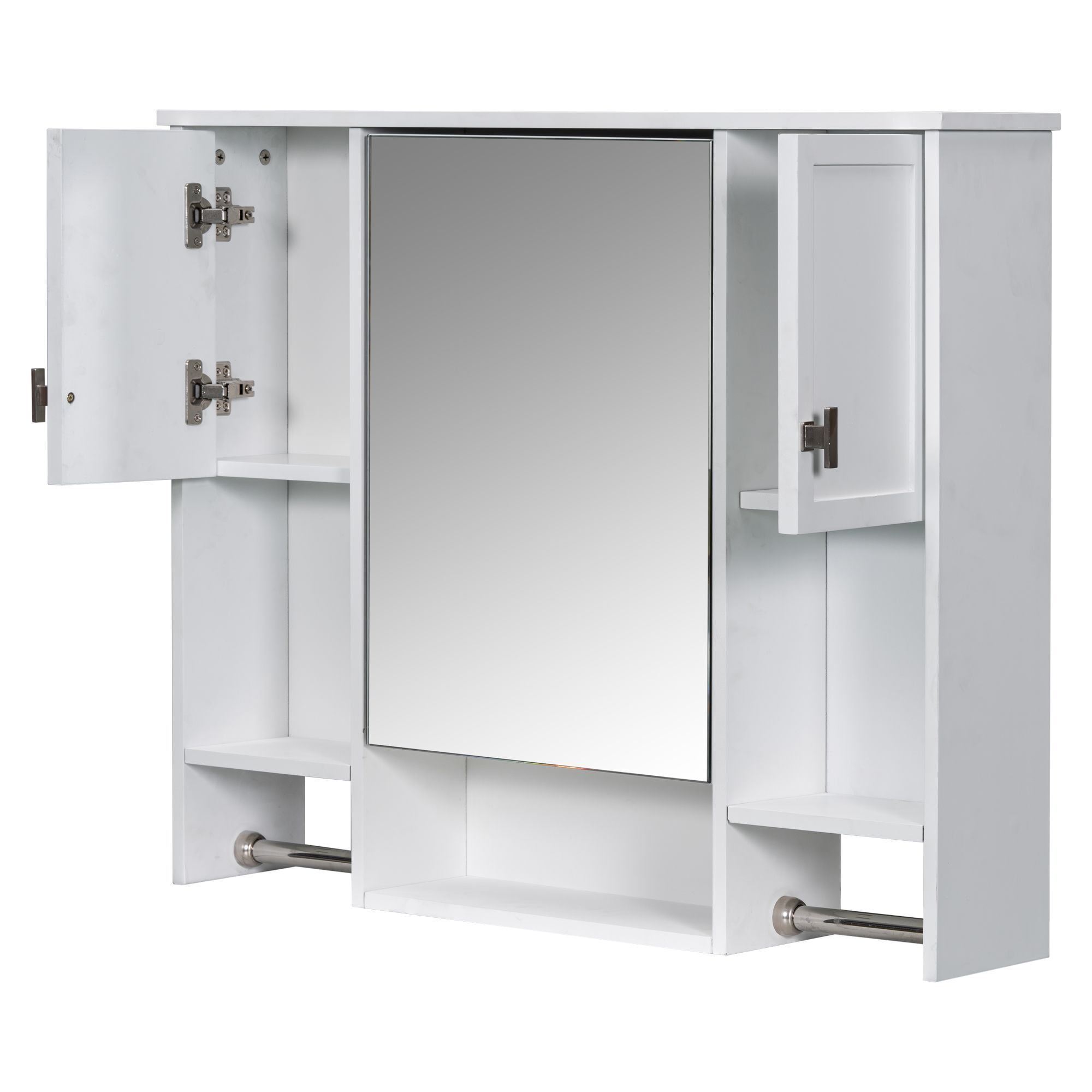 DEALTOPS Stylish Wall Mounted Bathroom Mirror Cabinet with Open Shelves and Towel Racks, White