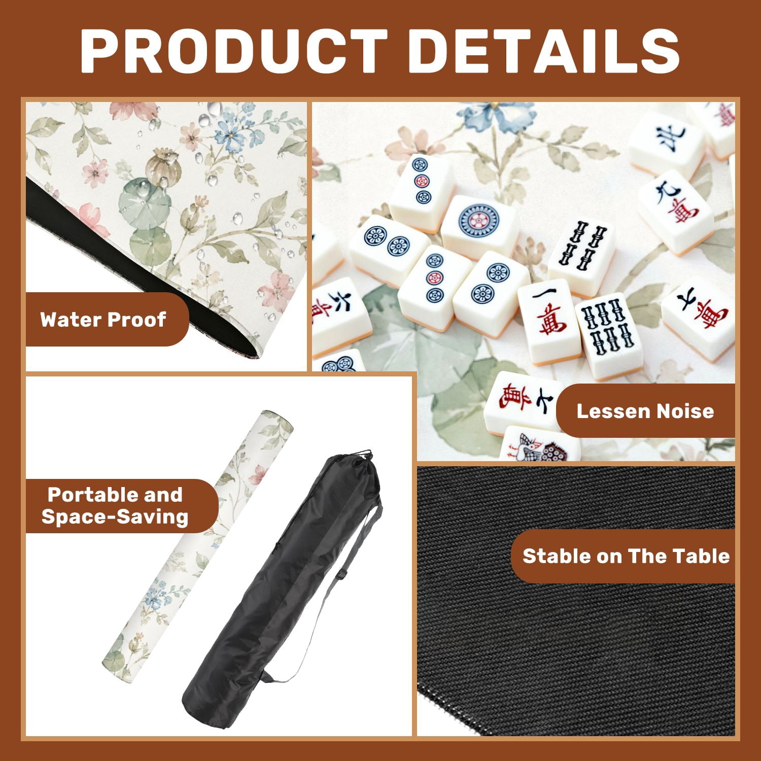 Mahjong Mat 31.5" x 31.5" Pastel Watercolor Floral Blue Blush Pink Flowers White Non-Slip Noise Reduction American Mahjong Tiles Table Cover for Dominoes Poker Card Board Games Gift