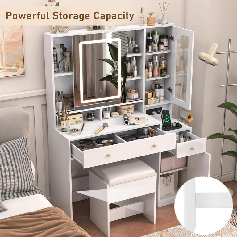 Vabches Vanity Set with Sliding Mirror and Lights Makeup Table
