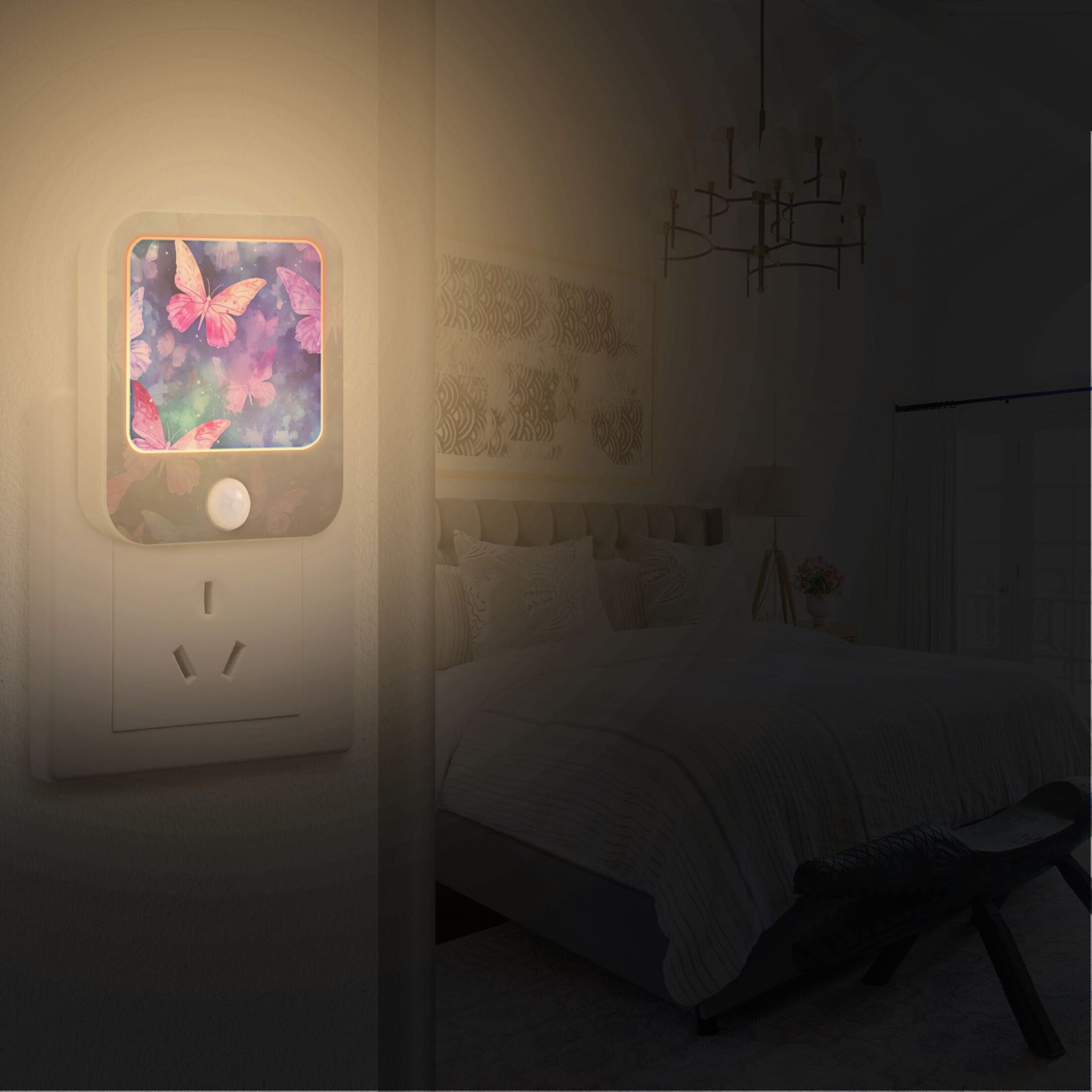 Butterflies Purple Night Lights Plug into Wall LED with Auto Light Sensor Warm Light for Kids Hallway Bedroom Living Room Kitchen Bathroom Set of 2