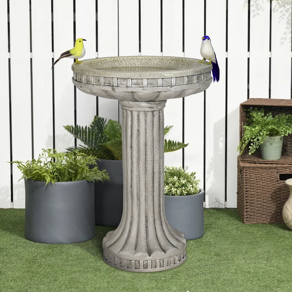24" H Outdoor Garden Bird Bath, Classical Pillar Shape Garden Statues Decoration Yard and porch, with Marble Finish