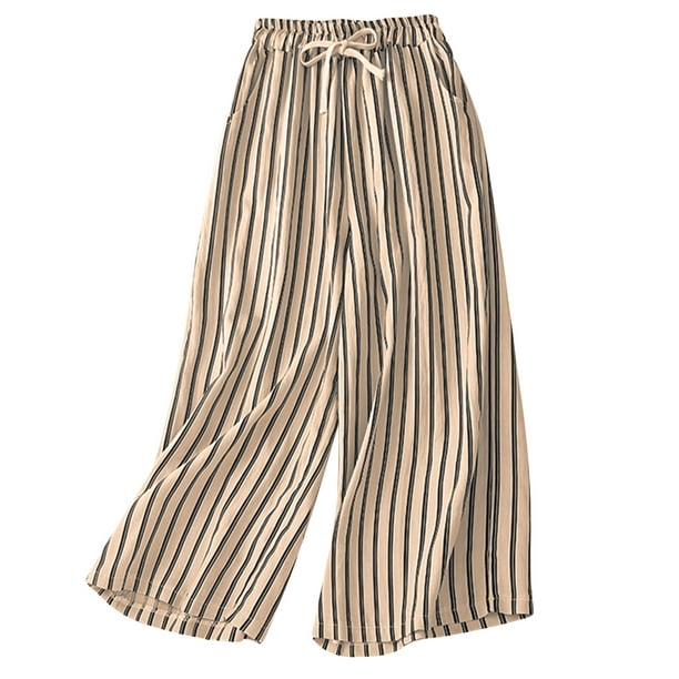 Cotton Linen Pants for Women Stripes Elastic Waist Drawstring Wide Leg  Pants Casual Loose Crop Trousers with Pockets 