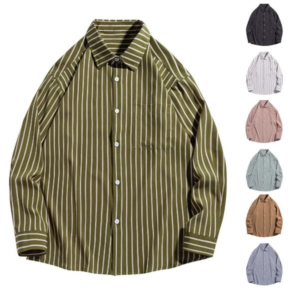 Wyobmus Men's Long Sleeve Shirt Classic Color Contrast Striped Shirt Casual Button Down Going Out Shirt Blouse
