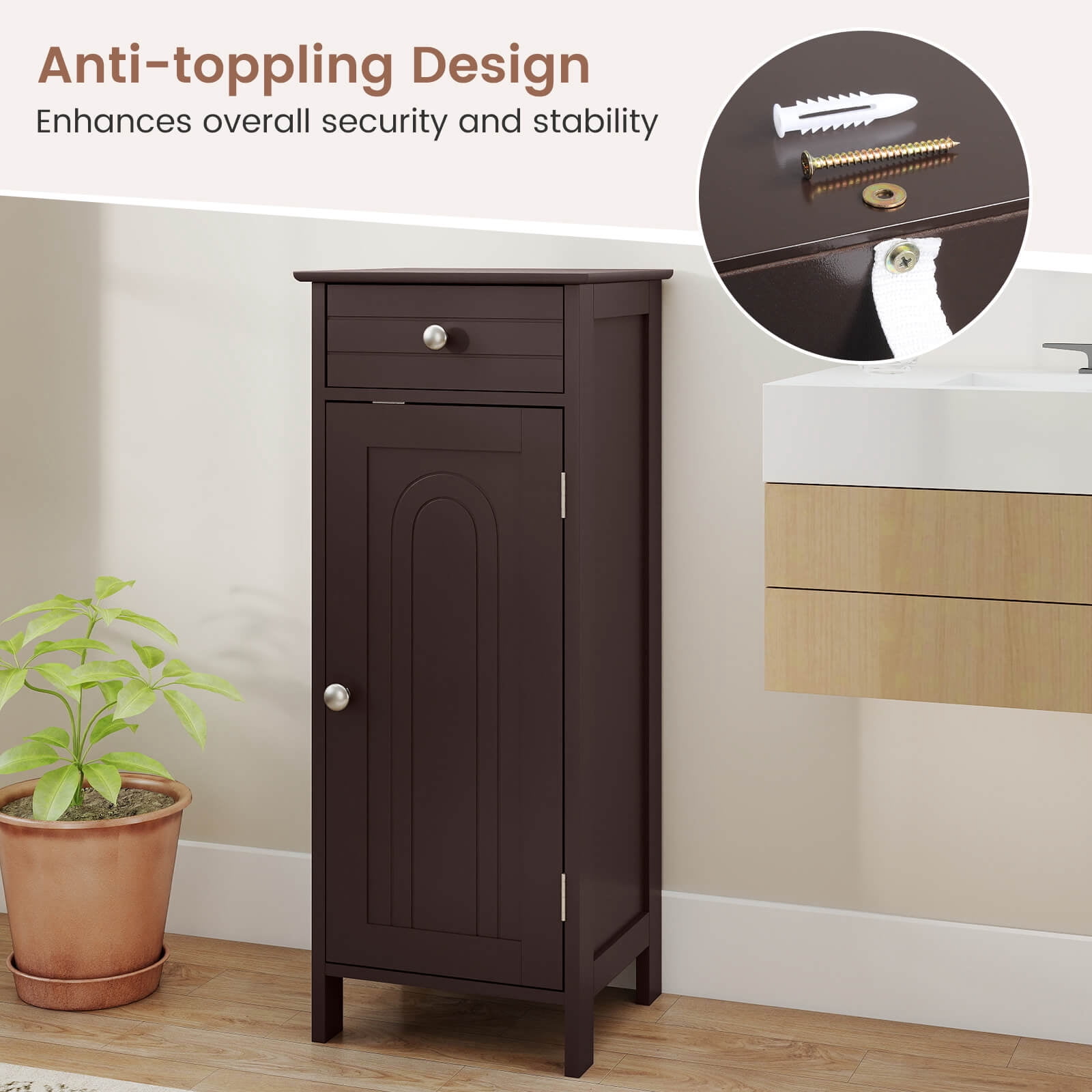 Costway Bathroom Storage Floor Cabinet Organizer Free-Standing w/ Drawer Brown