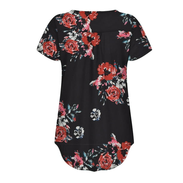 Women Plus Size V-neck Flowers Print Button Short Sleeve Tops T