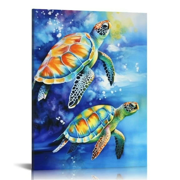 JRXY Sea Turtle Canvas Wall Art Ocean Turtle Picture Wall Decor Blue Bathroom Art Painting Canvas Prints, Framed Ready to Hang 12x16 in