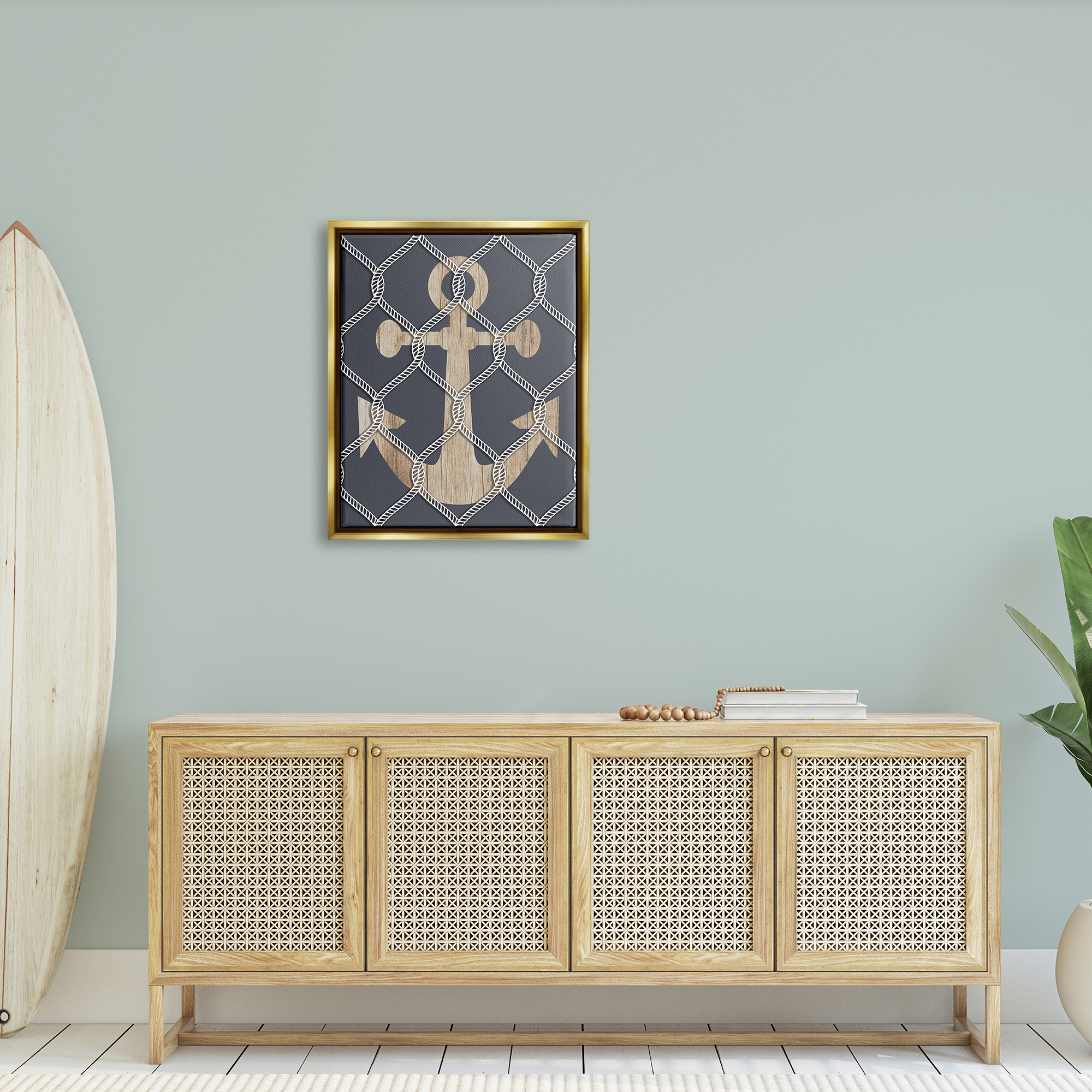 Stupell Nautical Anchor Linked Rope Landscape Painting Gold Floater Framed Art Print Wall Art