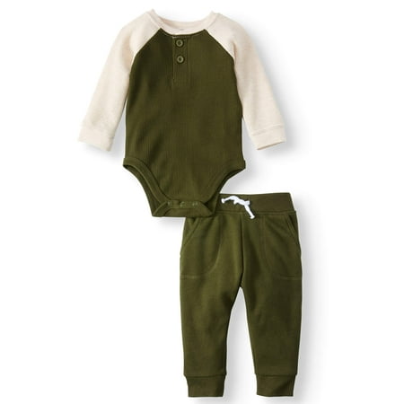 Baby Boy Long Sleeve Thermal Henley Bodysuit & Joggers, 2pc Outfit Set