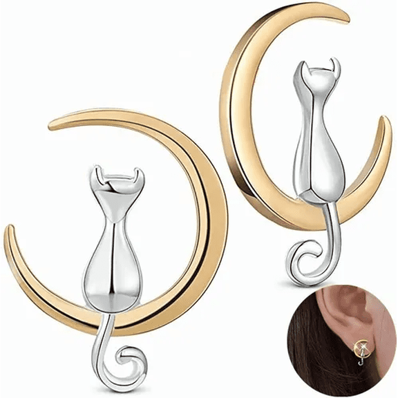 Aretes De Plata S925 Luna Y Gato Diseño Malubero Malu1745