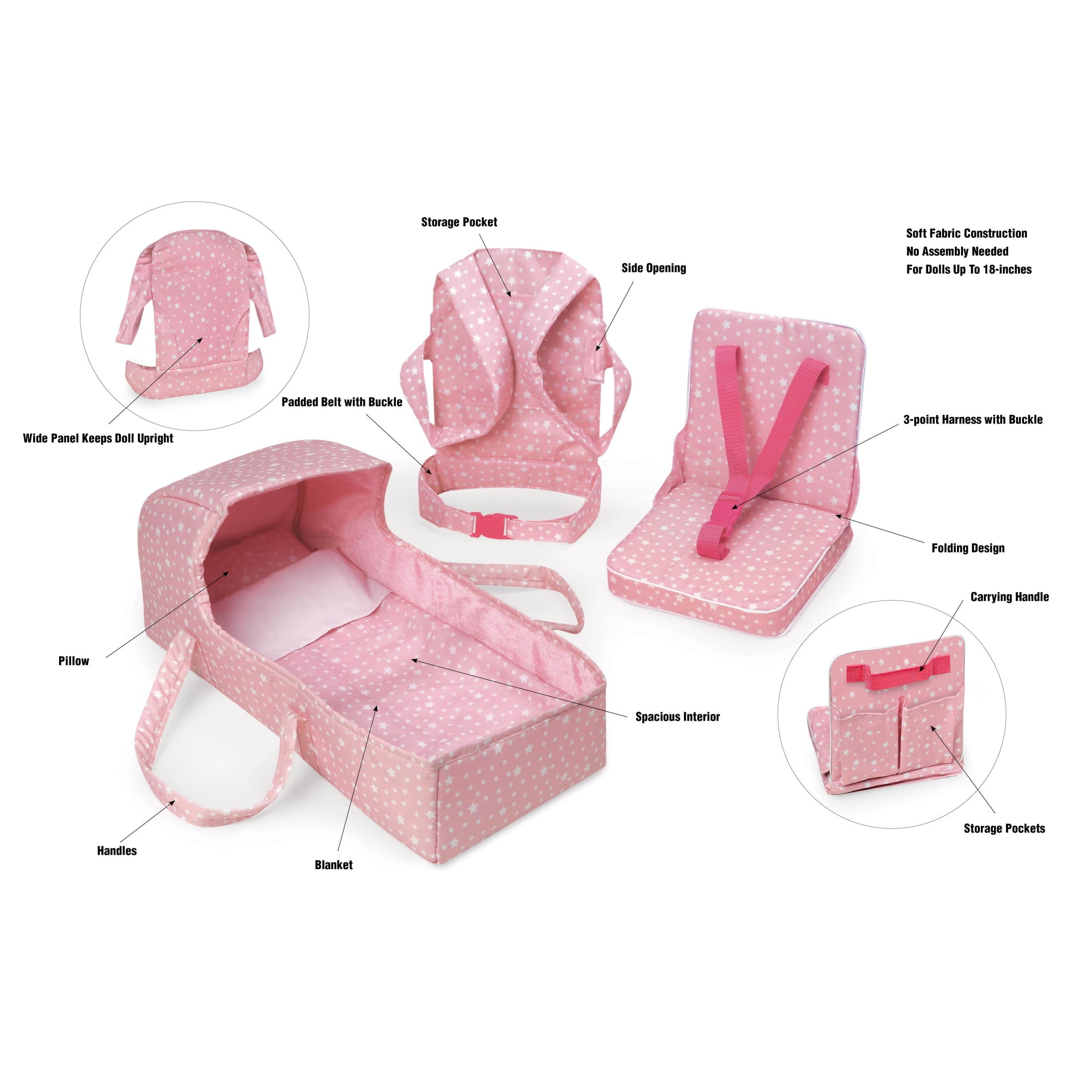 Badger Basket On-the-Go Set with Doll Booster Seat, Travel Bed & Carrier for 18 inch Dolls - Pink