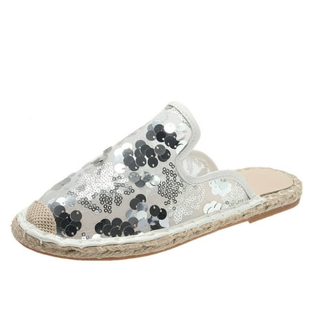 

Jsezml Sequins Mules for Women Breathable Mesh Slippers Closed Toe Flat Espadrilles Summer Casual Beach Slide Sandals