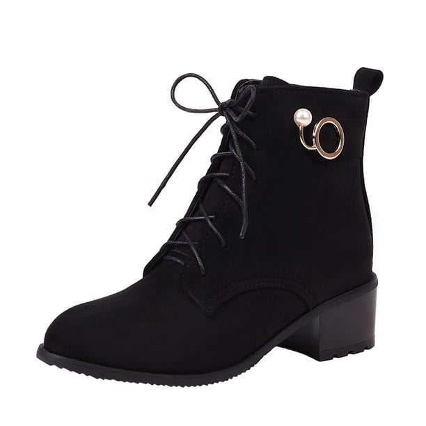 NECHOLOGY Botas Mujer Adulto Femenino Zapatos Botines de mujer Botas de mujer con perlas a la moda y borlas, botas de tacón grueso con cordones en la parte delantera de ante sólido (Black, 8.5)