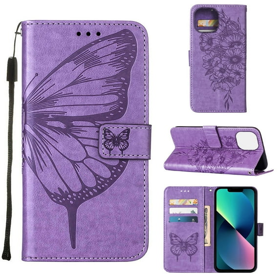 for iPhone 14 Case Wallet, for Women Men with Card Holder & Magnetic Cover & Kickstand Strap Glitter PU Leather Flip Flower Butterfly Pattern Case for iPhone 14 6.1 inch 2022,Lightpurple