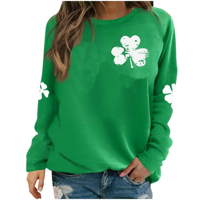 Besolor Chandails en Molleton pour Femmes St. Patrick's Day Trèfle Col Rond Manches Longues Hauts Décontractés Amples Graphiques