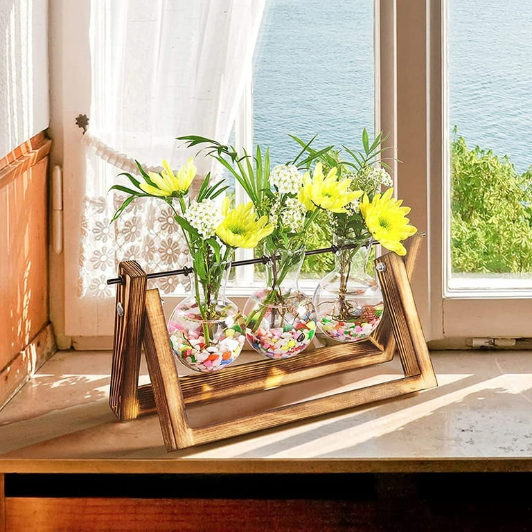  Glass Wood Vase Planter Terrarium Table Desktop Hydroponics  Plant Bonsai Flower Pot Hanging Pots with Wooden Tray,09 : Patio, Lawn &  Garden