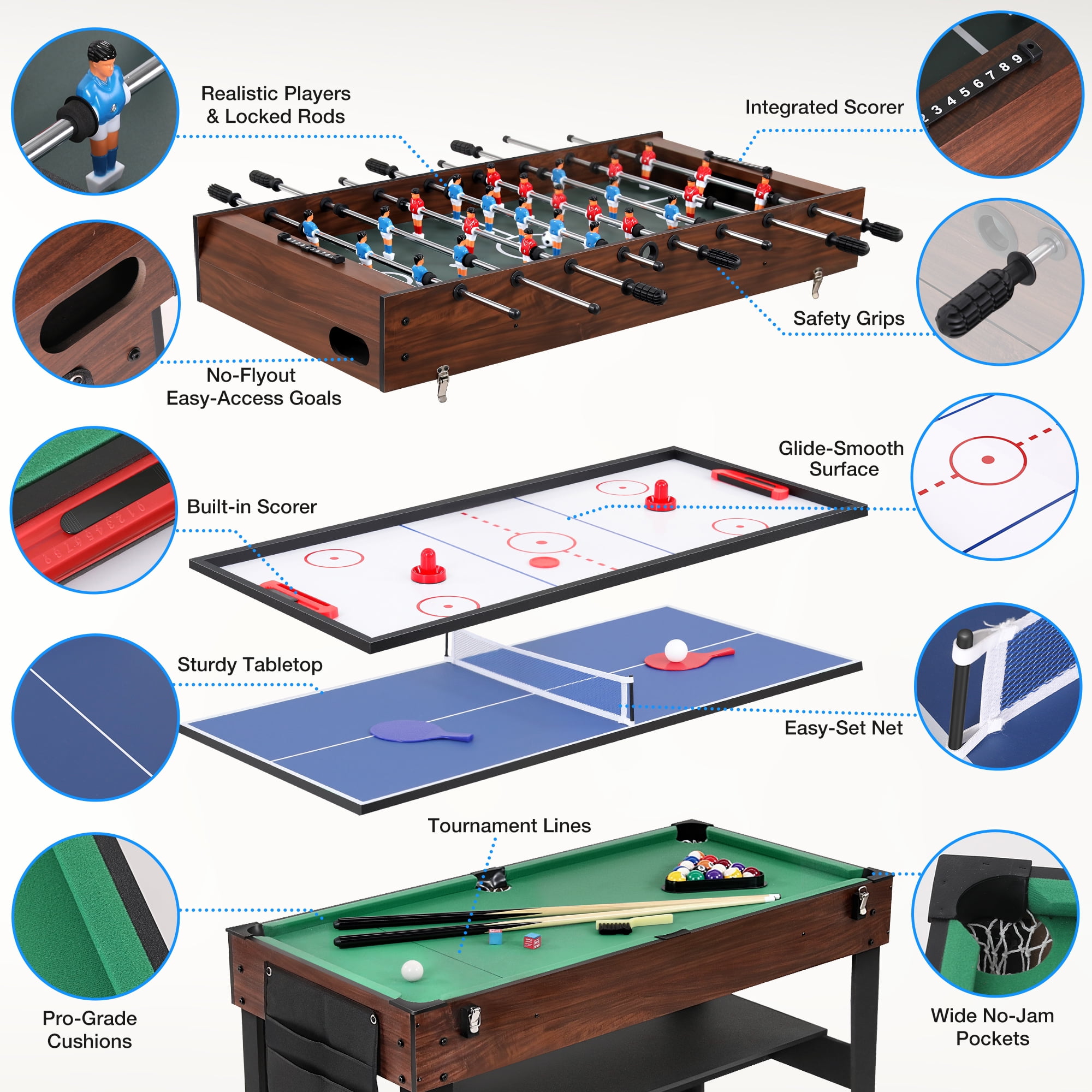 FUNTOK 4 in 1 Game Table with Ping Pong, Air Hockey, Foosball, Pool, 48'' Multi Game Table with All Accessories & Storage, Combo Game Table for Adults Kids Family Home Game Room