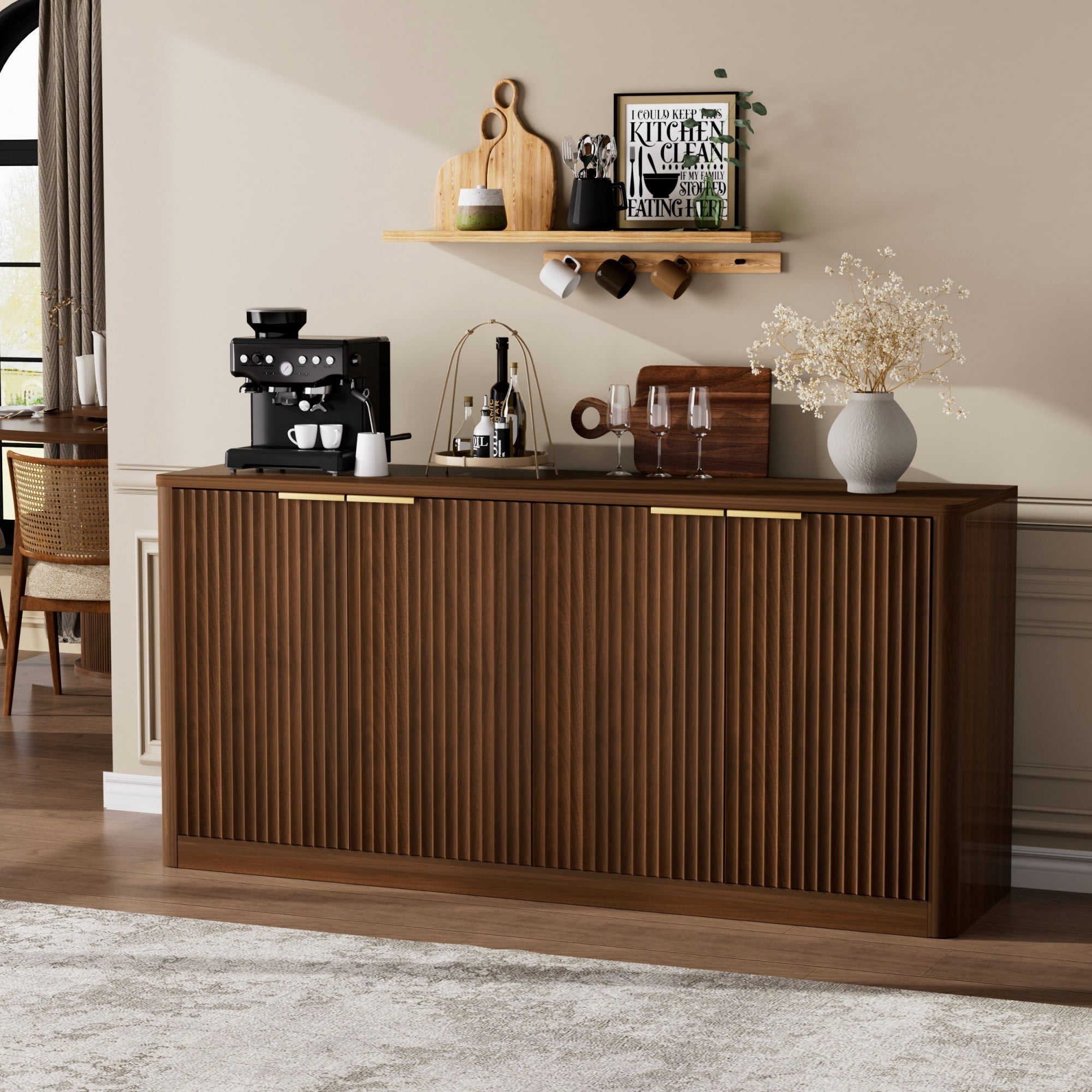 59" Modern Wavy Sideboard Cabinet, Curved 4-Door Storage Cabinet, TV Stand Buffet Cabinet for Living Room Bedroom Kitchen, Walnut