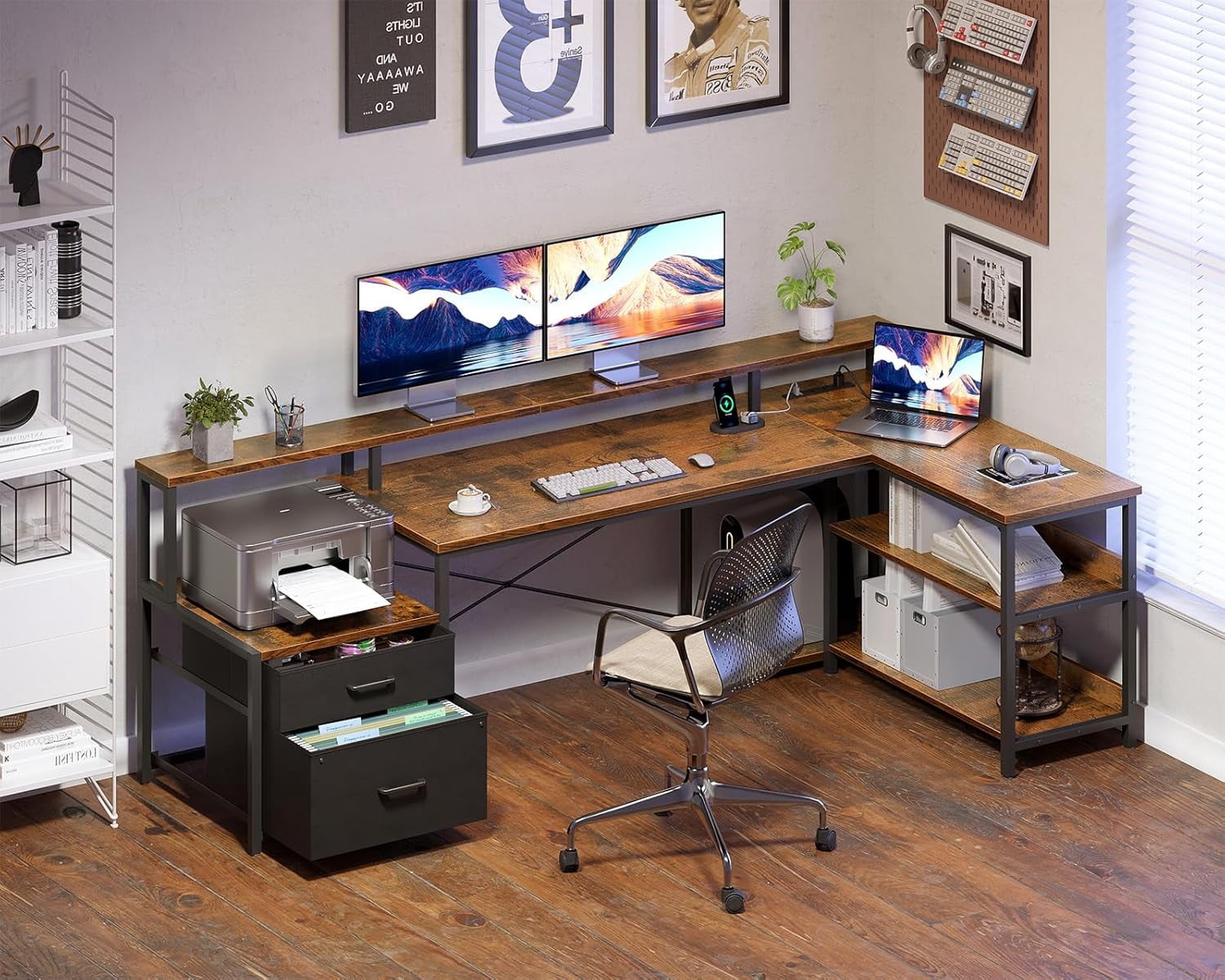 AODK 75" L Shaped Computer Desk with Power Outlet & File Drawers, Reversible Corner Desk for Home Office, Gaming & Remote Work, Includes Storage Shelves & Monitor Stand, Vintage