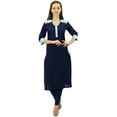 thumbnail image 2 of Bimba Women's Straight Kurta Slub Cotton Kurti Indian Long Tunic Blouse , Navy Blue, 4, 2 of 9